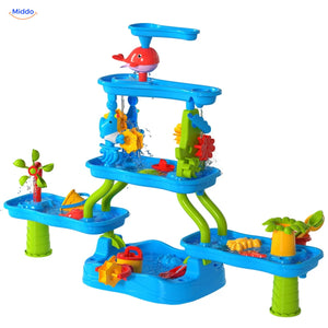 SplashPlay Wasser- und Sandspielzeug: Wassertisch mit Seitenbecken und grünen Verbindungsrohren.