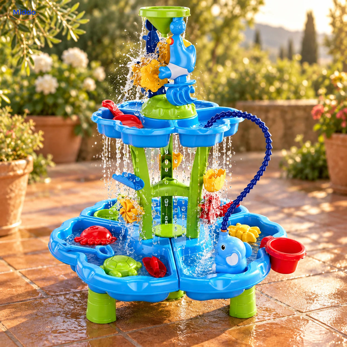 SplashPlay Wasser- und Sandspielzeug: Wassertisch mit zwei runden Ebenen im Garten.