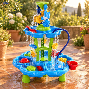 SplashPlay Wasser- und Sandspielzeug: Wassertisch mit zwei runden Ebenen im Garten.
