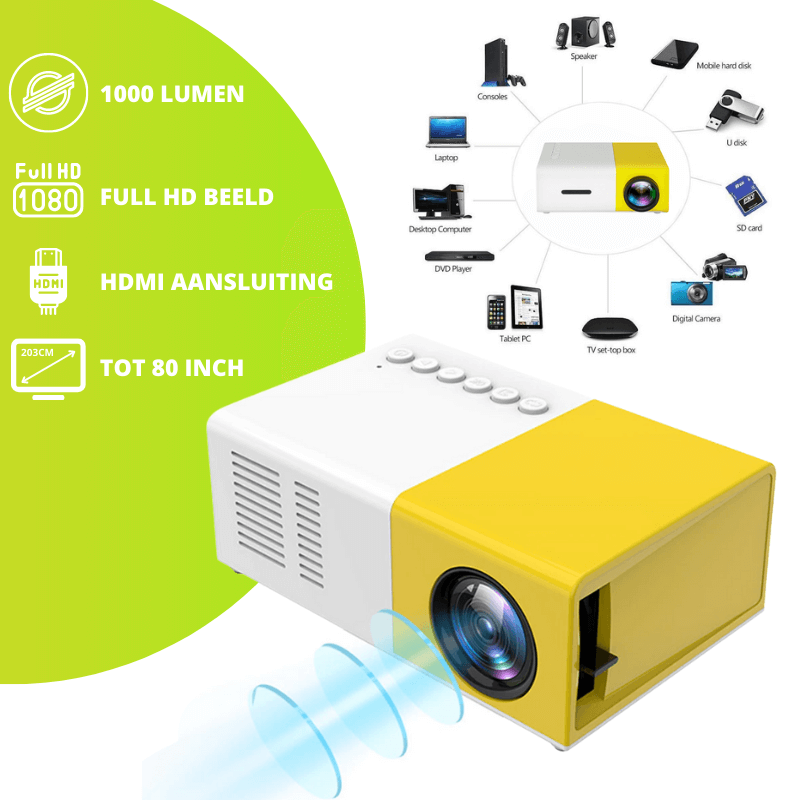 Gelber und weißer Projektor mit HDMI-Anschluss, 1000 Lumen.