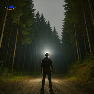 Nightray Kopflampe mit heller Lichtstrahl im Wald – www.middo.de