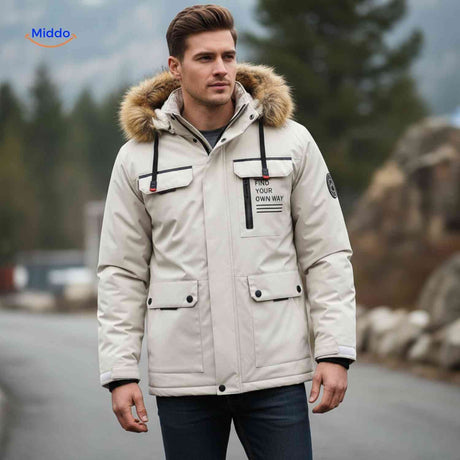 NordGuard hellbeige winddichte Herren-Winterjacke mit Kapuze und Brustprint
