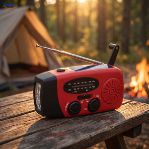 Notfallradio mit ausgezogener Antenne und ausgeklappter Kurbel auf einem Campingtisch am Zelt