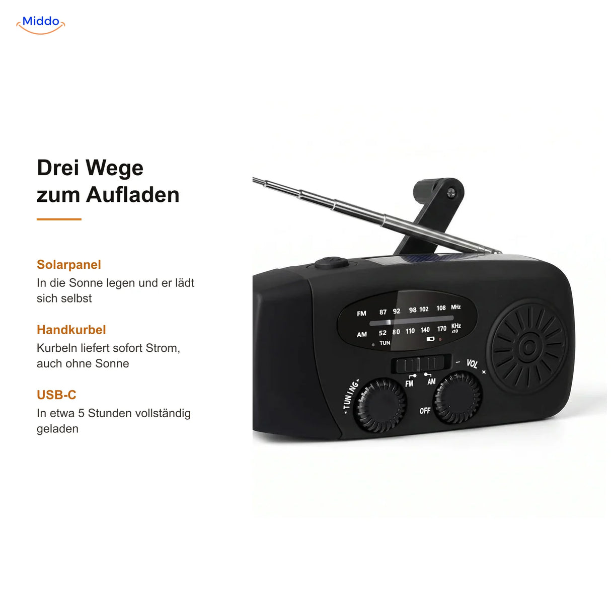 Drei Wege das Notfallradio aufzuladen: Solarpanel, Handkurbel und USB-C