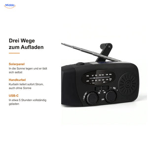 Drei Wege das Notfallradio aufzuladen: Solarpanel, Handkurbel und USB-C