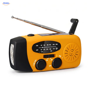 Notfallradio in Orange mit ausgeklappter Kurbel, Solarpanel und Taschenlampe