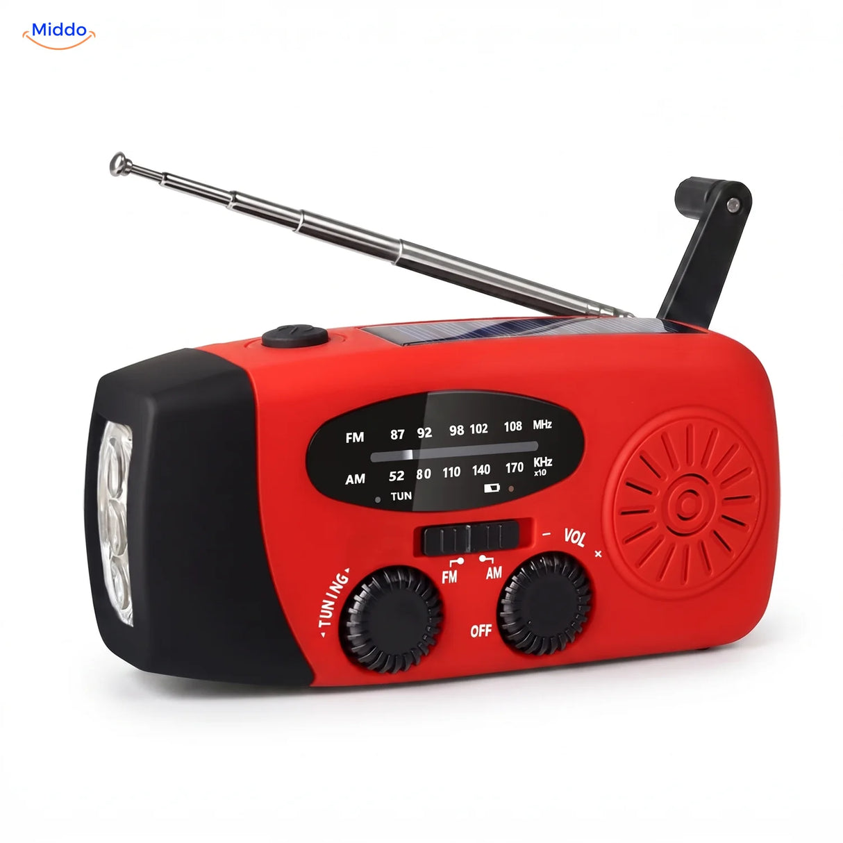 Notfallradio in Rot mit ausgeklappter Kurbel, Solarpanel und Taschenlampe