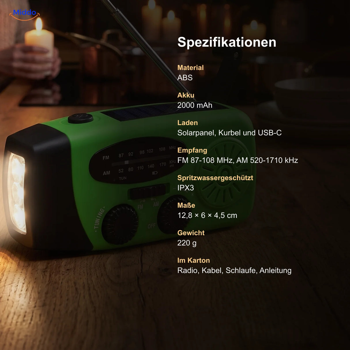 Spezifikationen des Notfallradios: ABS, 2000 mAh, IPX3, FM und AM, 220 g