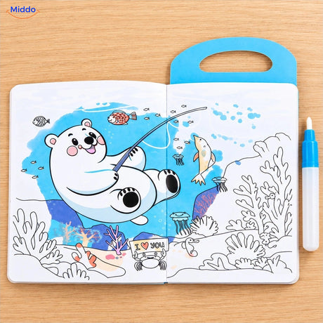 Offenes AquaDraw Wassermalbuch mit Eisbär und Wasserstift