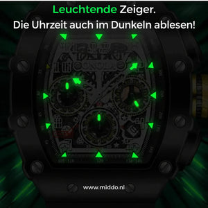 Leuchtende Zeiger der ONOLA MILLE Armbanduhr im Dunkeln.
