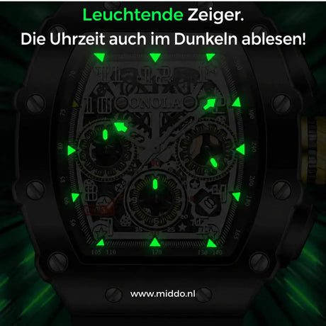 Leuchtende Zeiger der ONOLA MILLE Armbanduhr im Dunkeln.