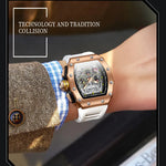 ONOLA Uhr mit roségoldenem Gehäuse und weißem Band für das Handgelenk.