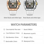 Zwei ONOLA Uhren mit weißen Bändern, Silber und Roségold.