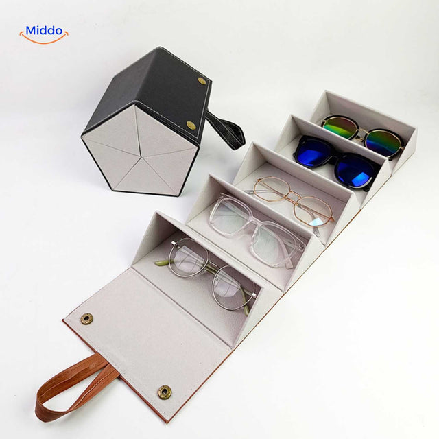 Optigarde Brillenetui schwarz mit 6 Fächern und Brillen Displaybeispiel
