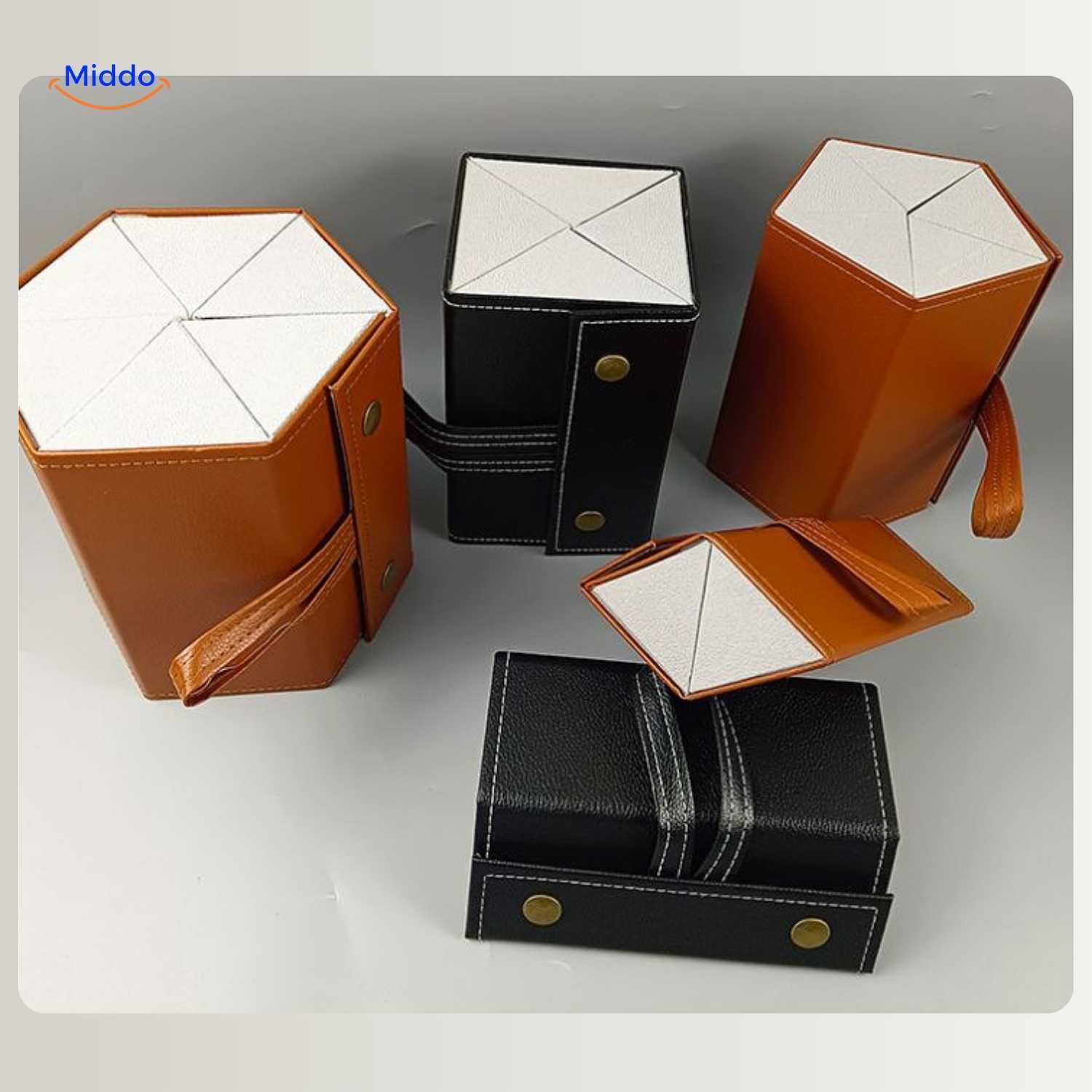 optigarde Brillenkoffer Karamell und Schwarz Kollektion mit Fächeraufteilung www.middo.de