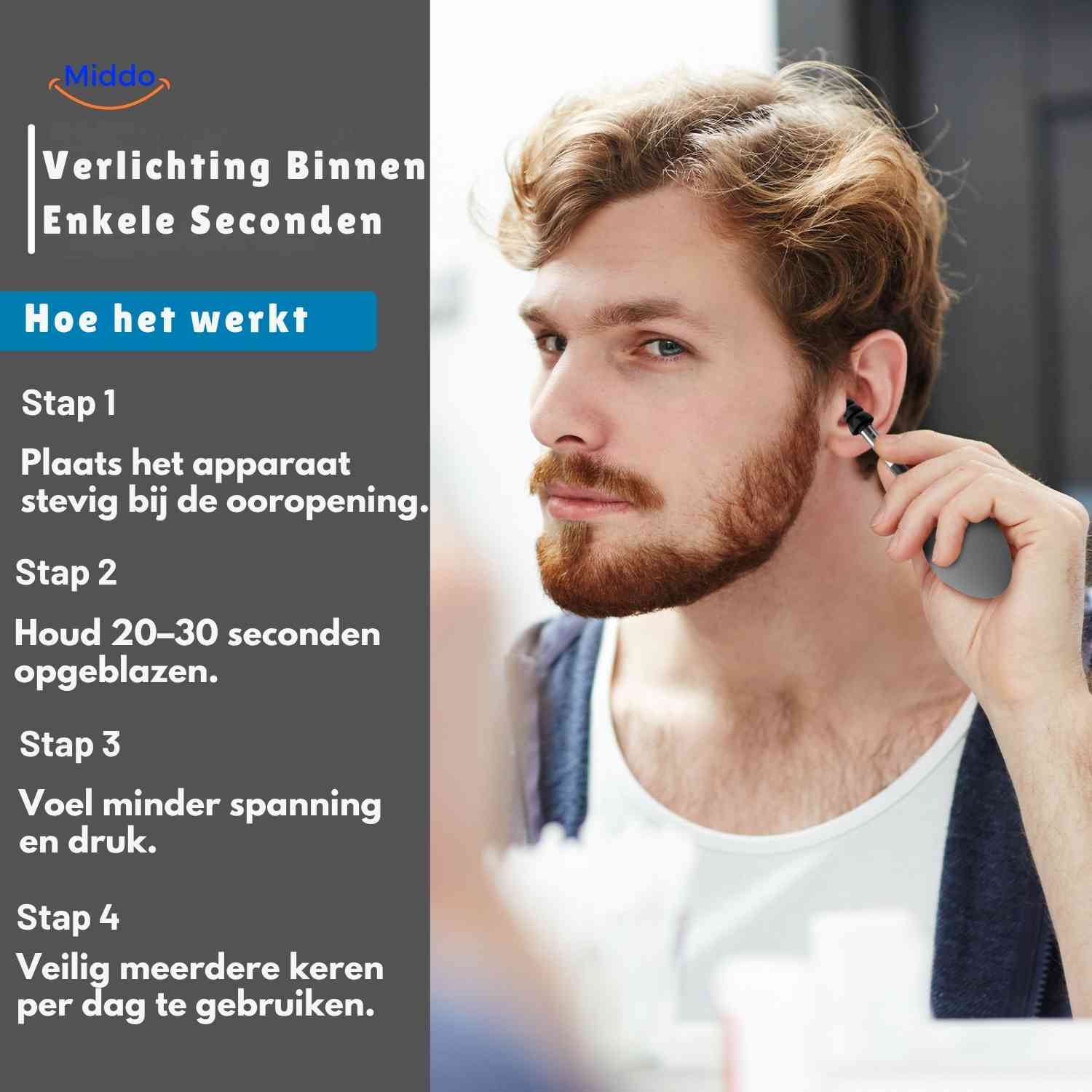 otorelief Druckgerät Gebrauchsanweisung in 4 Schritten www.middo.nl