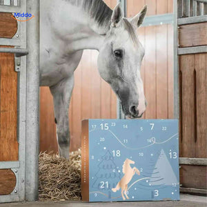 Pferde Adventskalender mit Pferd im Stall und Kalenderbox