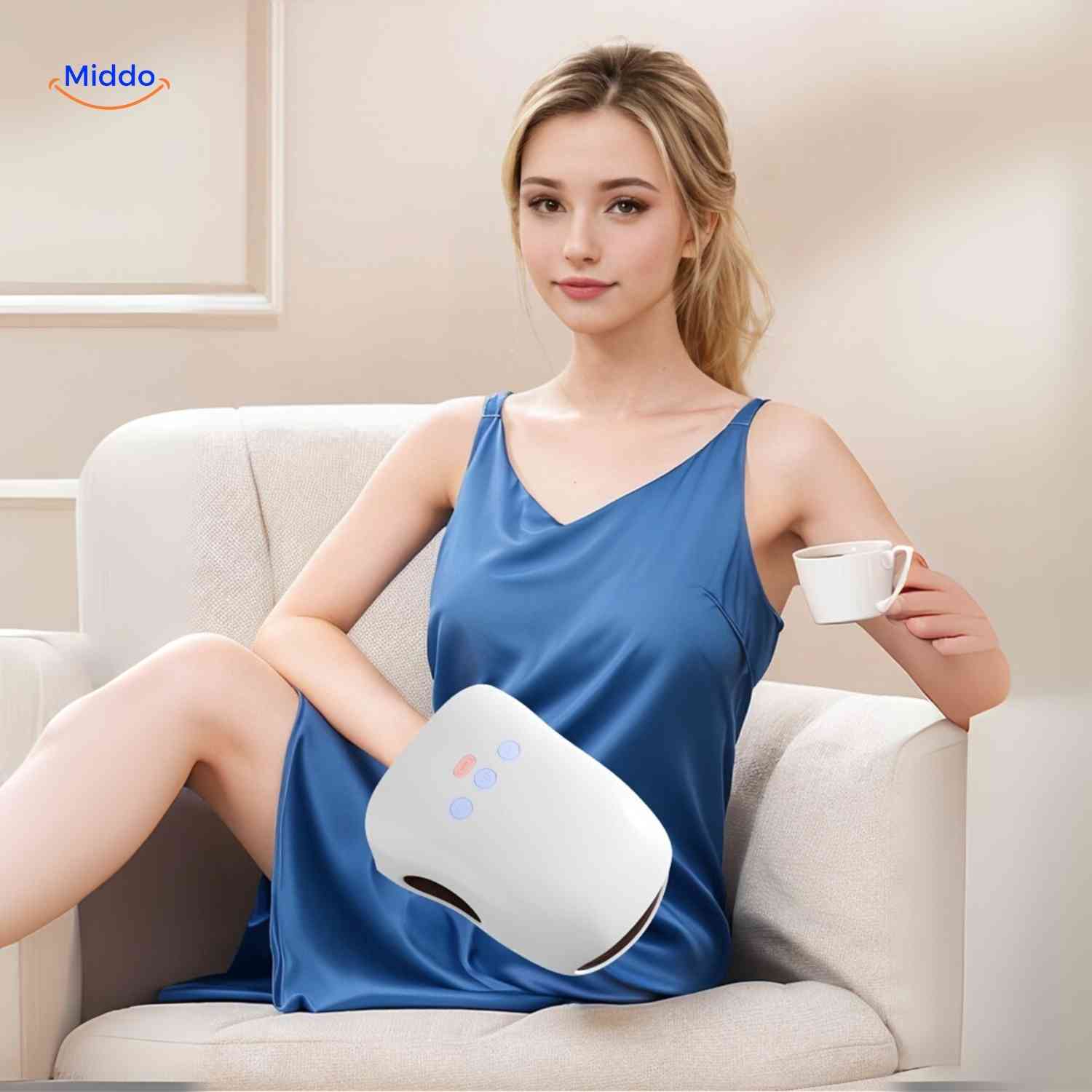 <palmex massager comfortmassage mit einer Tasse Tee www.middo.de</p>