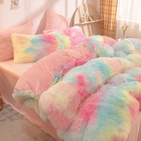 Teddy Fluffy Fleece-Bettwäsche in Pastell-Regenbogen