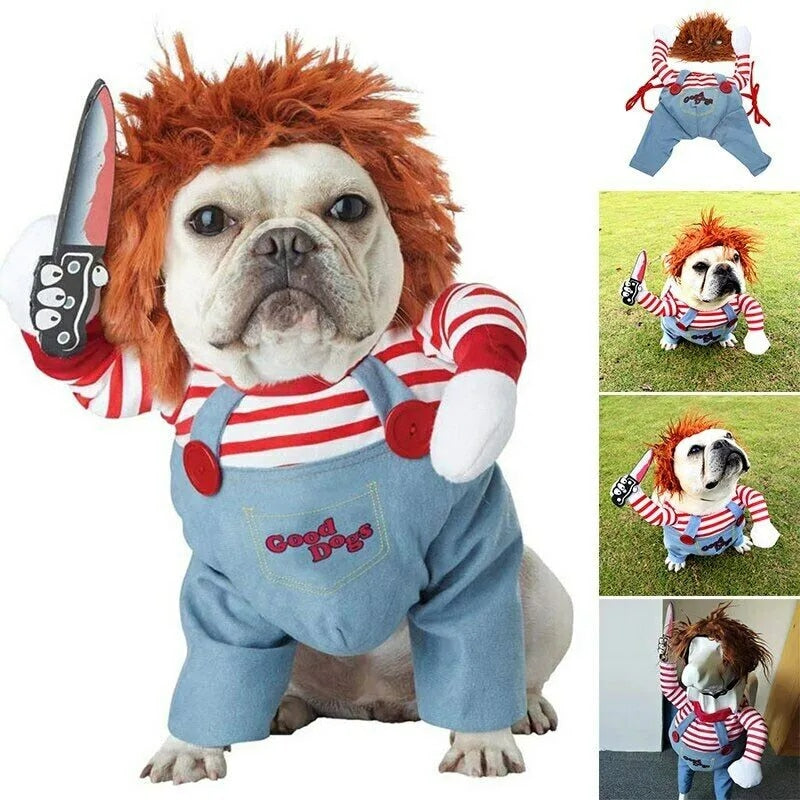 Bulldog in gruseligem Kostüm mit rotem Haar und Messer, verschiedene Posen.