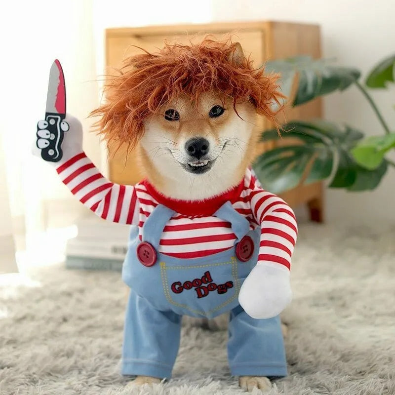 Shiba Inu Hund in gruseligem Puppenkostüm mit rotem Haar und Messer