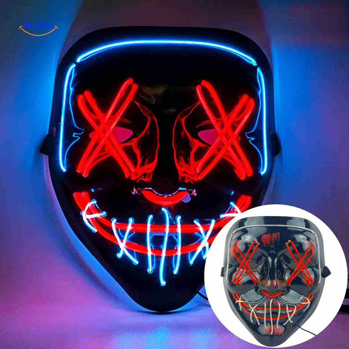 PhantomGlow LED-Maske in Rot und Blau - Leuchtende Angstmaske für Halloween Entdecken Sie das PhantomGlow LED-Maske, das perfekte Accessoire für ein unvergessliches Halloween. Mit seinem beeindruckenden roten und blauen Licht sorgt es garantiert für Aufsehen auf jeder Halloween-Party. Verkleiden Sie sich kreativ und ziehen Sie alle Blicke auf sich! Jetzt kaufen und die Nacht zum Gruseln bringen!