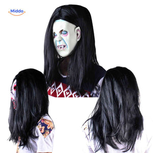 Phantomix Maske – 3-seitige Gesichtsansicht der Vampir-Maske mit schwarzen Haaren. Besuchen Sie uns auf www.middo.de