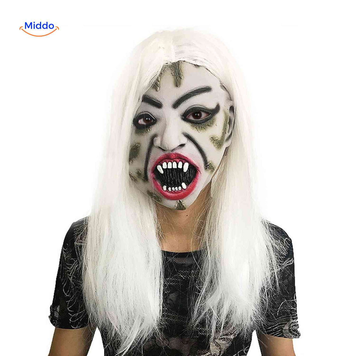 Phantomix Horror-Vampirmaske mit weißen Haaren und monstermäßigen Zähnen – Entdecken Sie jetzt auf www.middo.de!