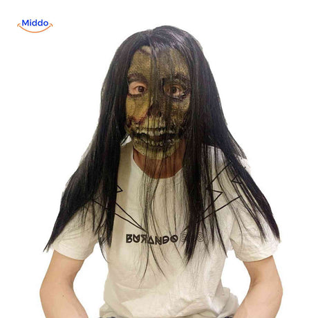 Phantomix Maske – Horror-Zombiemaske mit langen schwarzen Haaren und grünem Gesicht. Besuchen Sie jetzt !