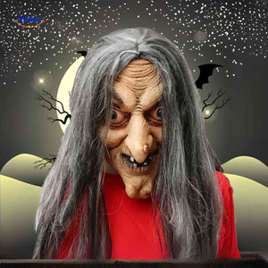 Phantomix klassische Hexenmaske mit langem grauem Haar und Hakennase - www.middo.de