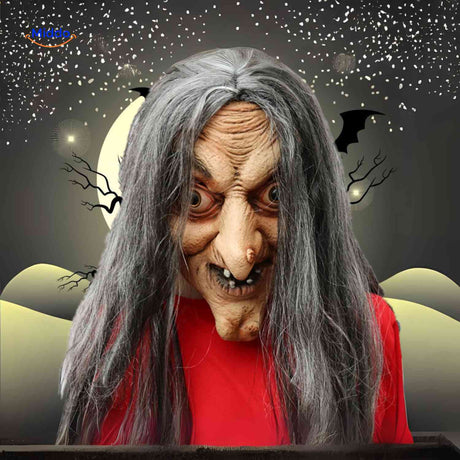 Phantomix klassische Hexenmaske mit langem grauem Haar und Hakennase - www.middo.de
