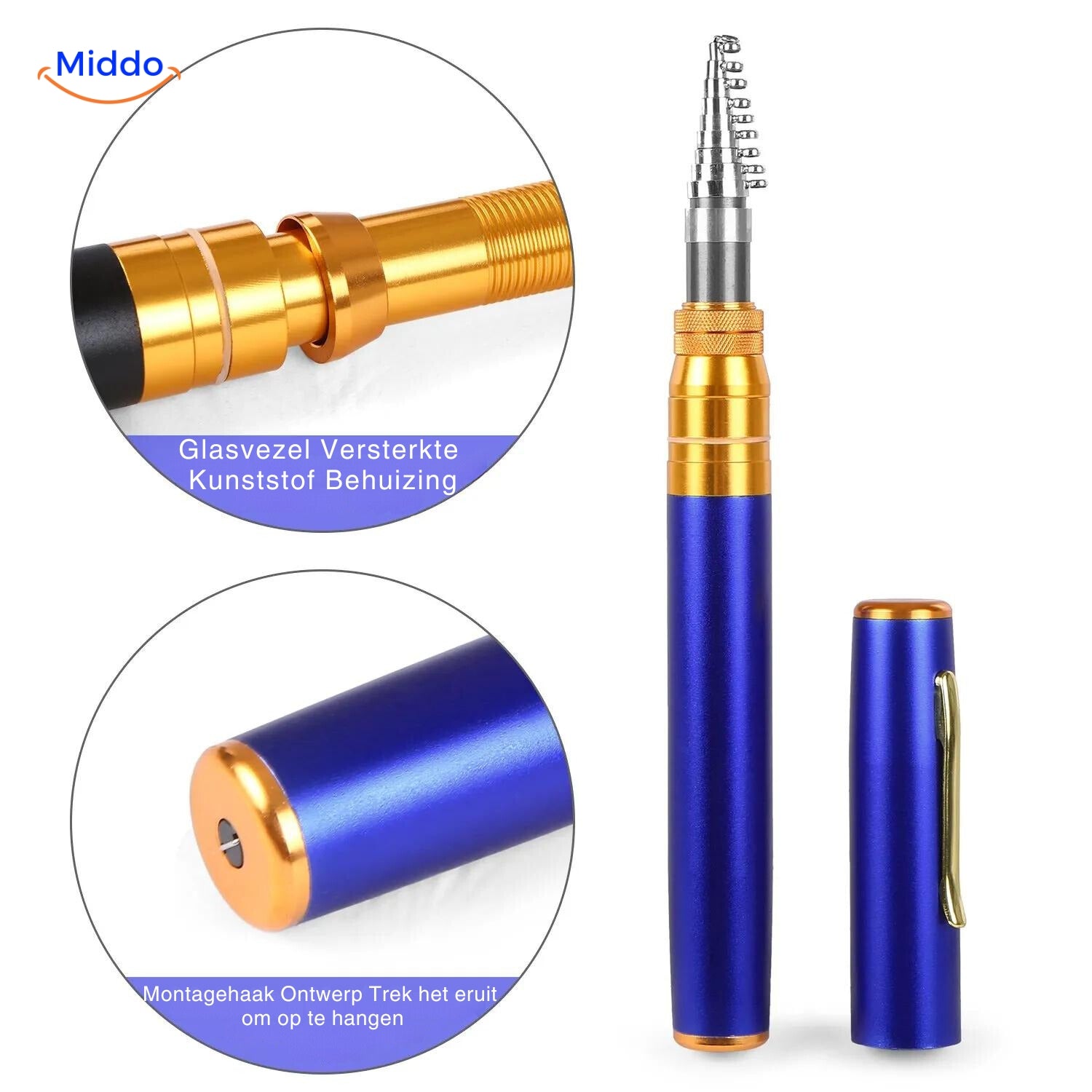 Detail des blauen PocketPro™ Angelrute mit glasfaserverstärktem Gehäuse.