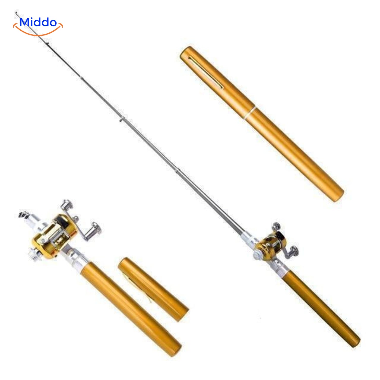 Goldenes PocketPro Angelset mit Rolle, ideal für kompakte Fischerei.