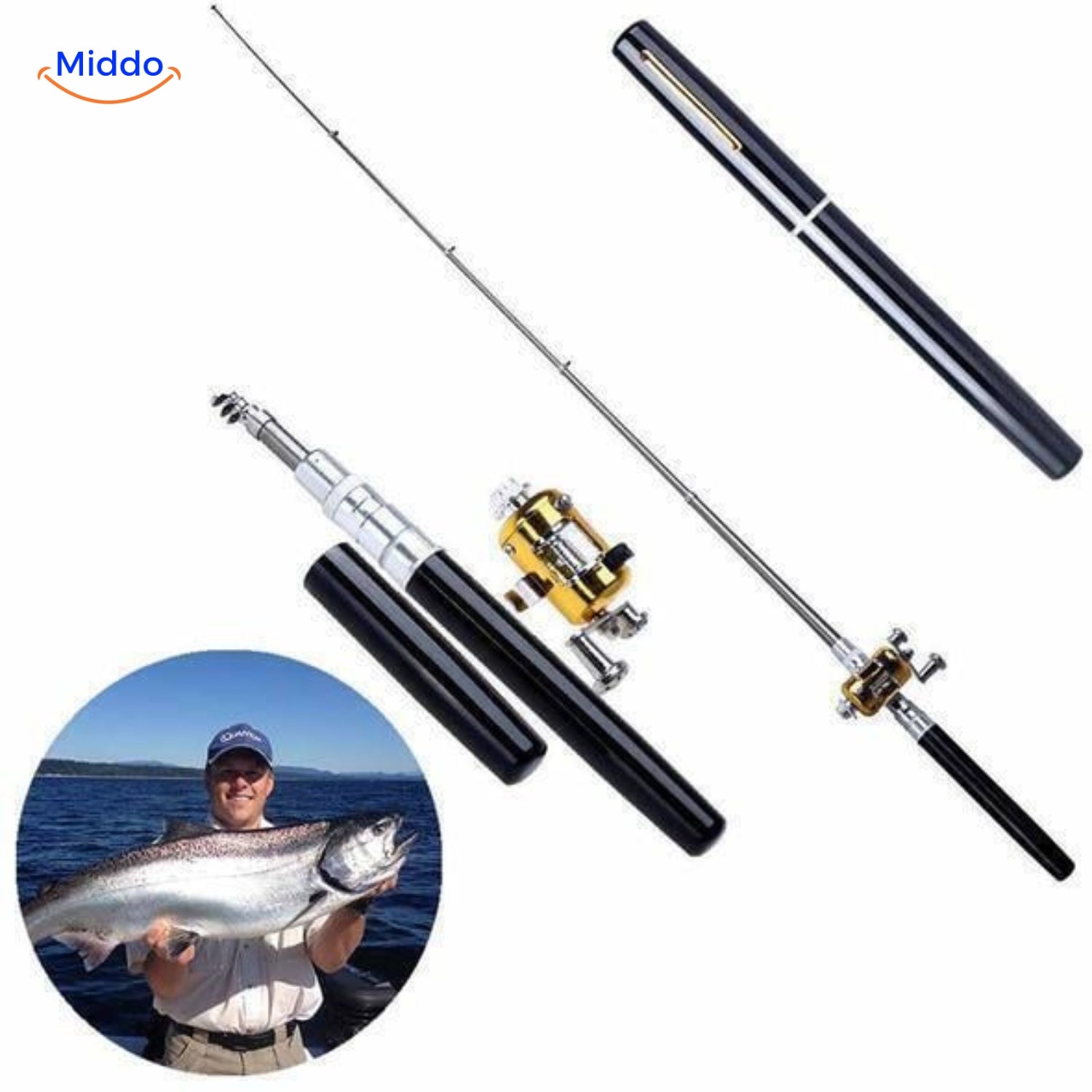 Mann mit gefangenem Fisch, zeigt die PocketPro™ Angelset Teile.