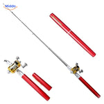 Rotes PocketPro Angelset mit Rolle, bereit für ein Fischabenteuer.