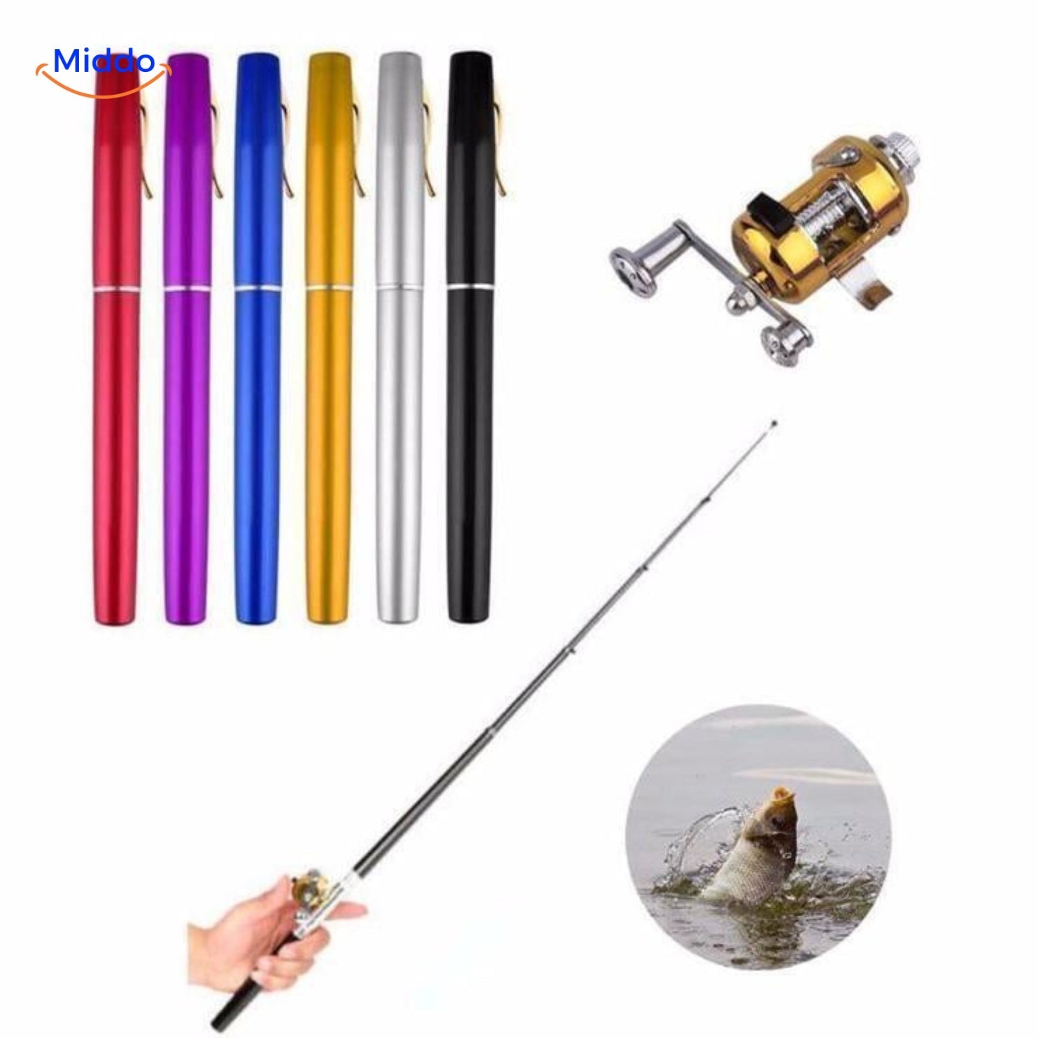 Verschiedene Farben PocketPro™ Ruten mit Angelrolle und Fisch.