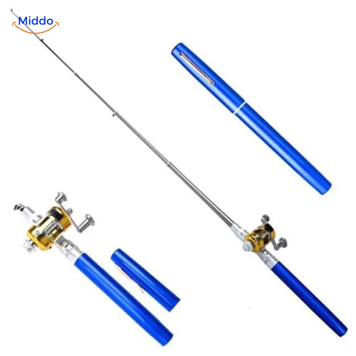 Blaue PocketPro Angelset mit Rolle, perfekt für Reisen und Urlaub.