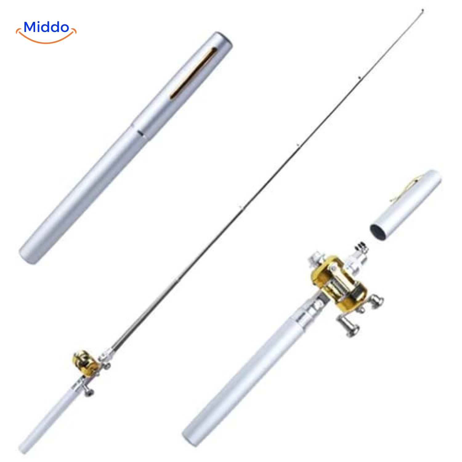 Silberne PocketPro Angelruten Set mit Rolle, ultra-kompakt und tragbar.