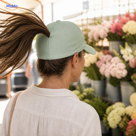 Frau mit dunkelbraunem Haar trägt auf einem Blumenmarkt eine mintgrüne Ponylite Kappe
