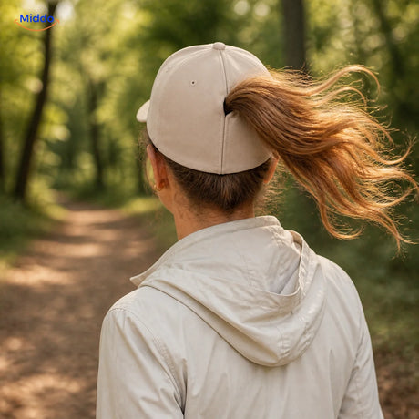 Frau mit kastanienbraunem Haar trägt bei einem Waldspaziergang eine beige Ponylite Kappe