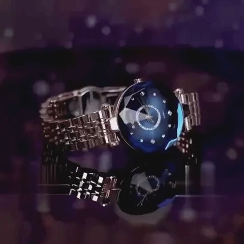 Gif-Animation des EleganceTime™ Damenuhr mit blauem Zifferblatt und goldenem Armband