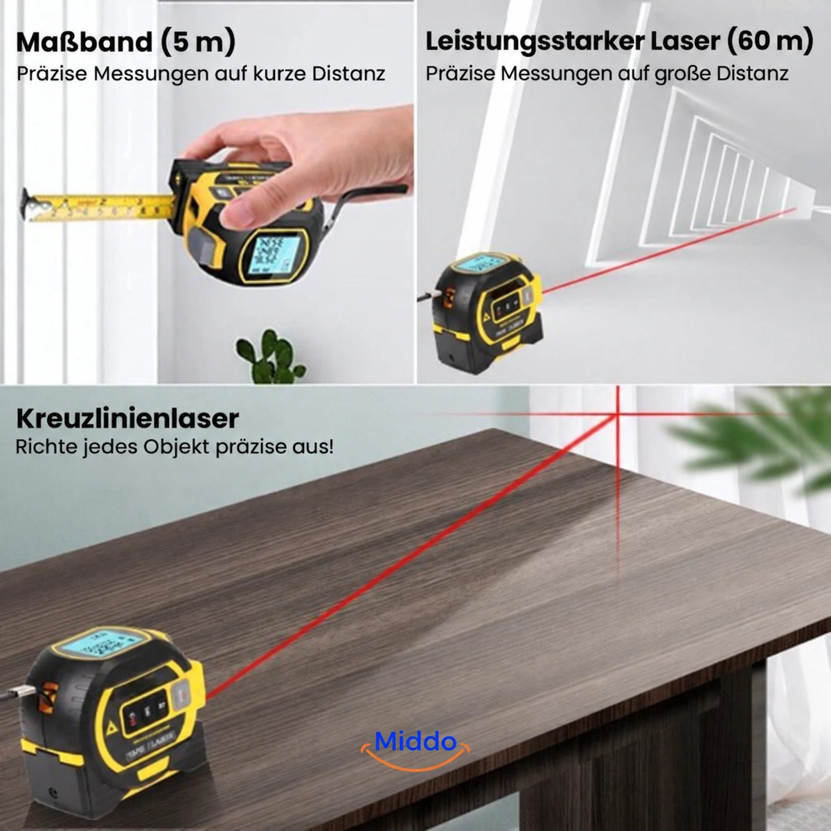 ProMeasure Lasermaßband mit 60 m Reichweite und Kreuzlinienlaser