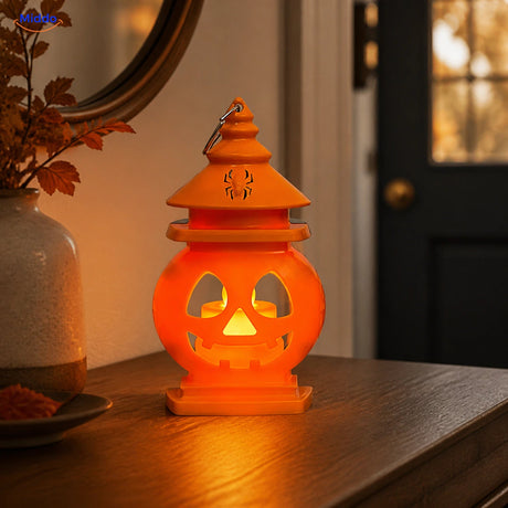 PumpkinGlow™ Burg mit warmem Licht, doppelseitige Halloween-Laterne in einem Eingangsbereich