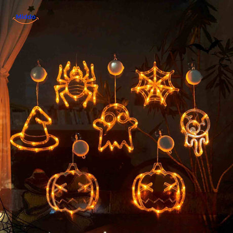 PumpkoGlow Lampe Halloween Lichterkette 8 Stück Spinne, Netz, Gespenst, Auge, Kürbis, Hexenhut
