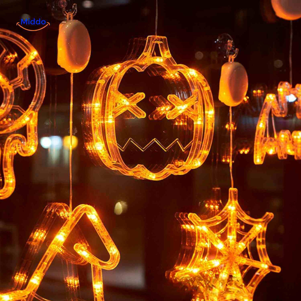pumpkoglow Laterne Halloween Lichterkette Kürbis Hexenhut Spinnennetz Fensterdekoration www.middo.de