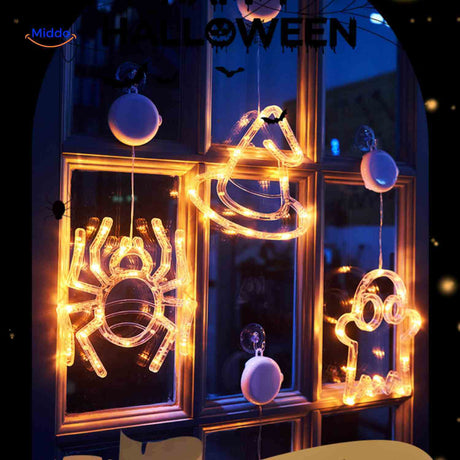 Pumpkoglow Lampe – Halloween Lichterkette für Fensterdekoration mit Spinnen, Hexenhut und Gespenst. Besuchen Sie