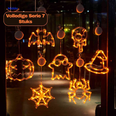 PumpkoGlow Lampe Halloween Lichterkette komplettes Set 7 Stück Fensterdekoration