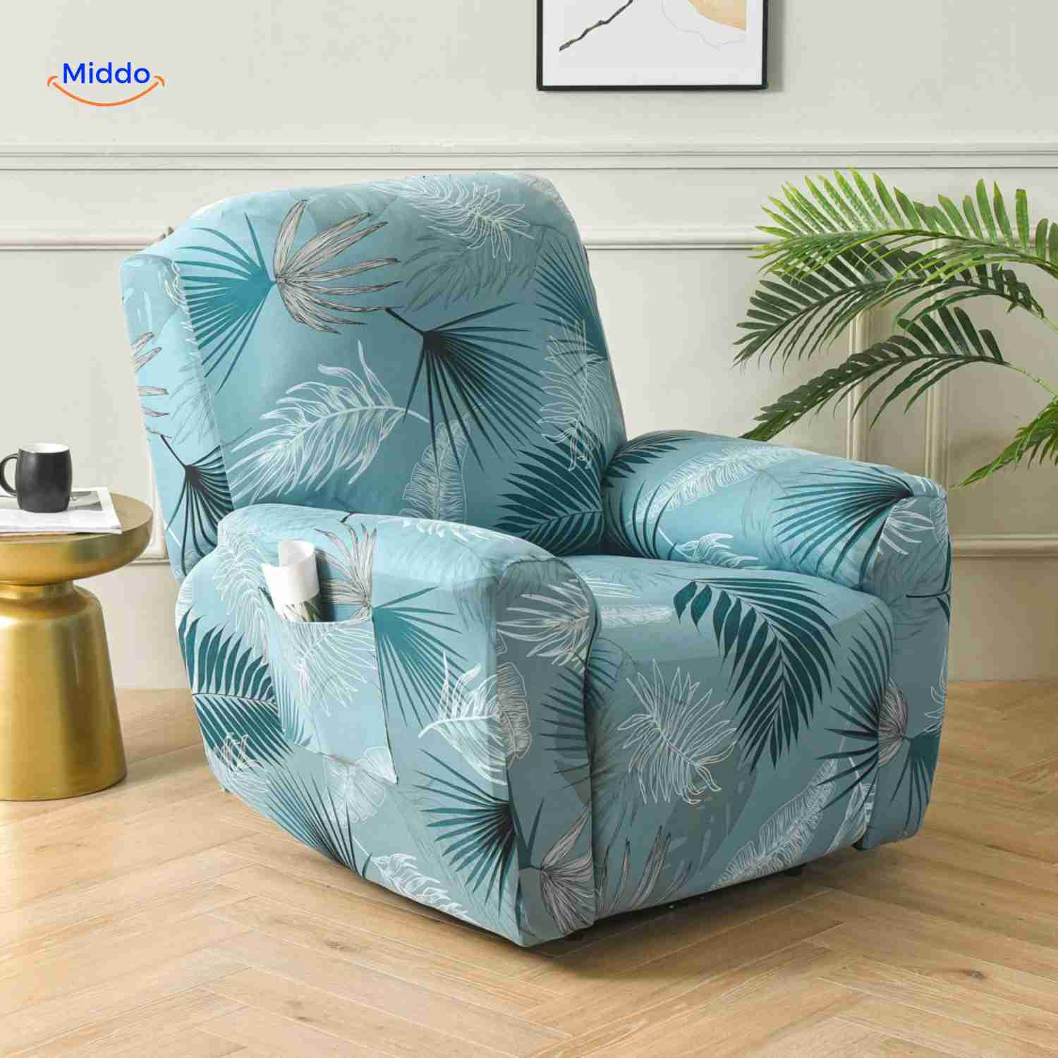 reclinex Bankbezüge blau mit tropischen Blättern Relaxsessel Stretchbezug www.middo.nl