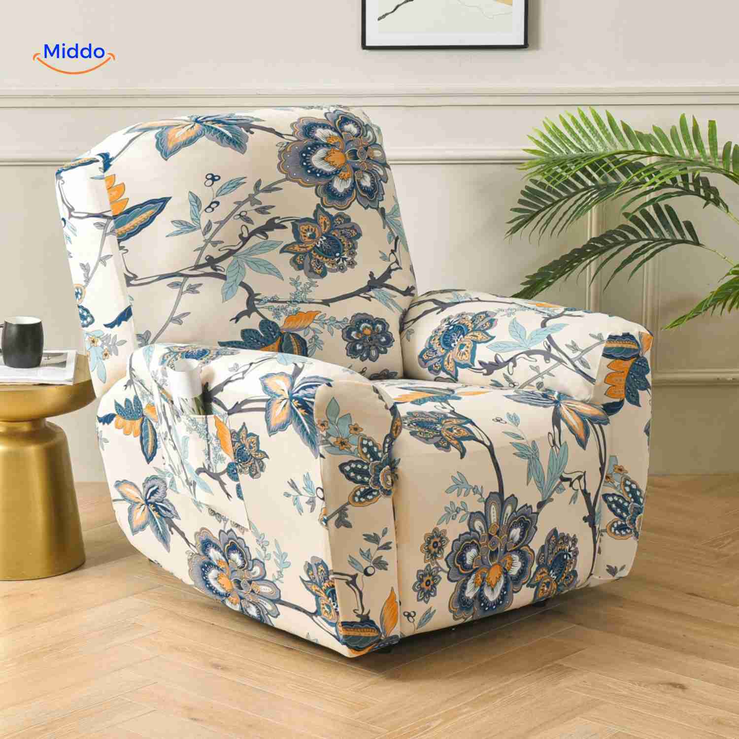 reclinex Bankhülle Blumenprint auf Creme Stilvolle Stretch-Sesselbezug www.middo.de