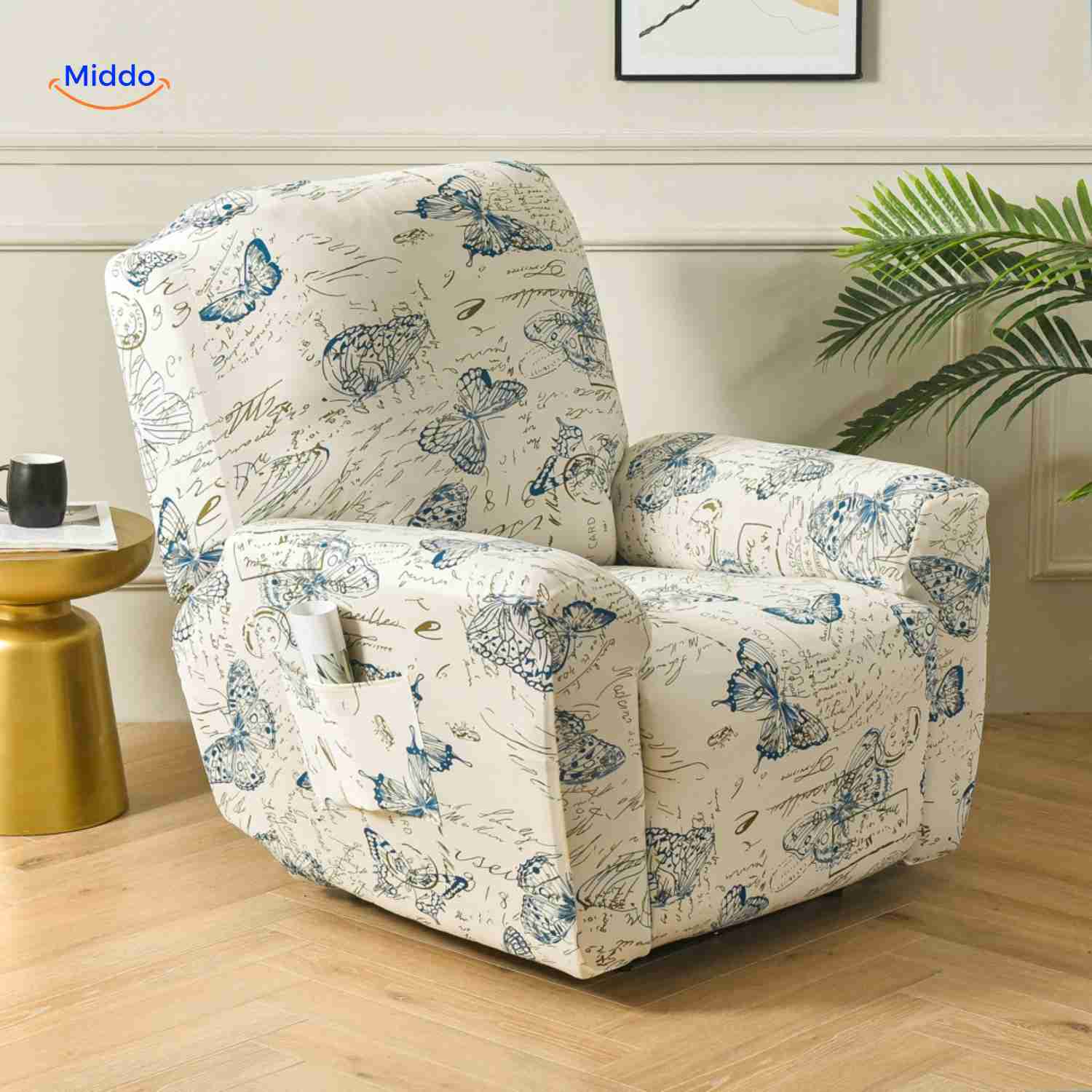 reclinex bankbezüge creme mit blauen Schmetterlingen und Handschriftmuster www.middo.de